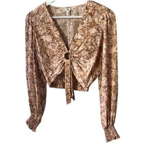 River Island Floral Tie-Front Blouse long sleeve Cropped - Pink Brown Cream Sz 6